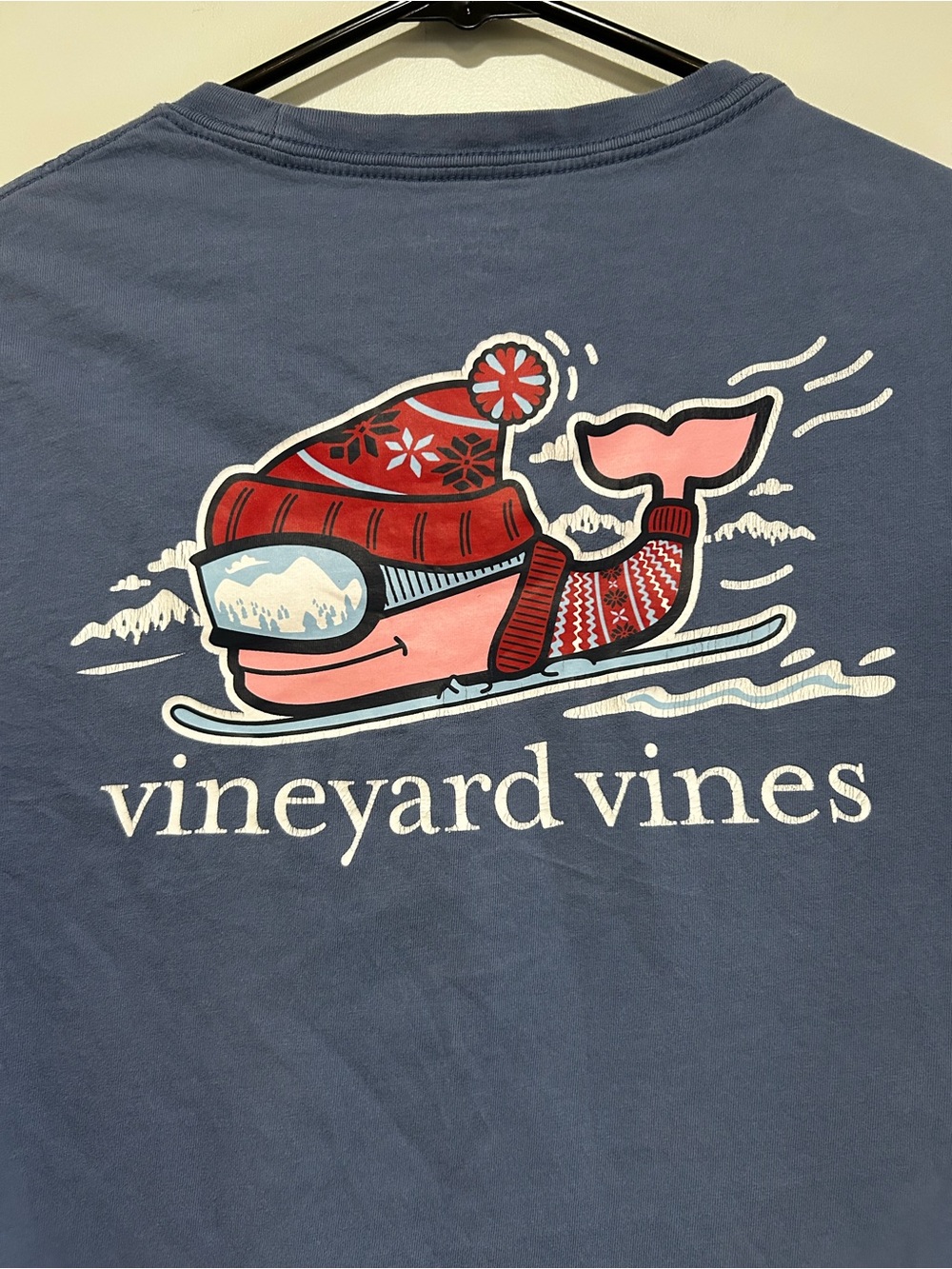 Vineyard Vines Blue Shirt with Pink & Red Ski Whale Graphic